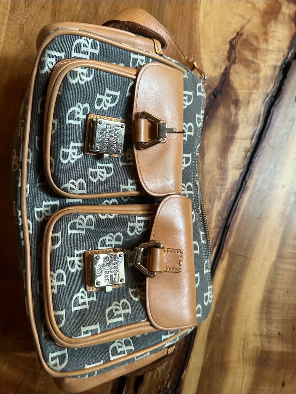 Dooney & Bourke Brown & Tan Logo Messenger Bag with Dual Front Pockets like new